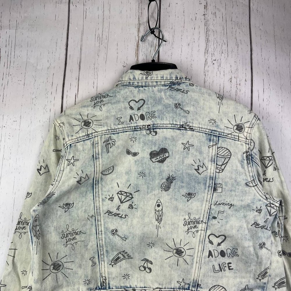 Mavi Small Printed Cropped Fit Stretchable Denim Jeans Jacket White Women New - Picture 6 of 9
